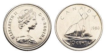 Канада 10 центов 1980 Елизавета II (1952-2022), парусник KM 77 никель BU 179-312