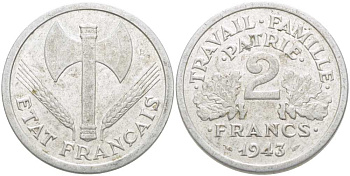 Франция 2 франка 1943 правительство Виши KM 904.1, LE FRANC 270.2 алюминий 215-524