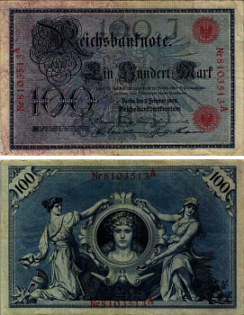 ГЕРМАНИЯ 100 МАРОК 1908 7 ФЕВРАЛЯ 1908, КРАСНАЯ ПЕЧАТЬ, ДЛИННА НОМЕРА СЕРИИ 29 ММ. Pick 33а бумага 6318-17-2-2