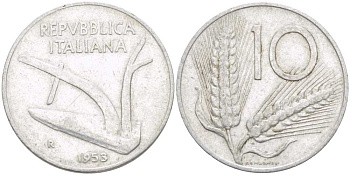 Италия 10 лир 1953 R, плуг, колосья KM 93 алюминий 175-343