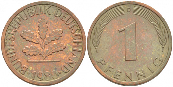 ФРГ 1 ПФЕННИГ 1980 D KM 105, J.380 сталь плакированная медью 3718-227
