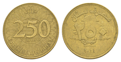 Ливан 250 ливров 2014 KM 36 медь алюминий цинк 4650-526