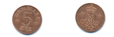 ДАНИЯ 5 ЭРЕ 1986 R; B, МАРГРЕТЕ II (1972-) KM 859.3 железо плакированное медью 23-727