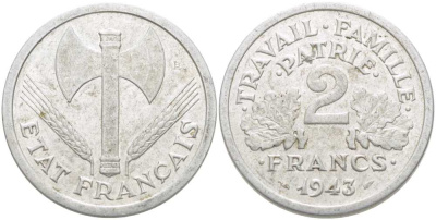 Франция 2 франка 1943 правительство Виши KM 904.1, LE FRANC 270.2 алюминий 215-524