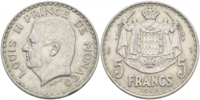 Монако 5 франков 1945 Луи II (1922-1949) KM 122 алюминий 3457-536