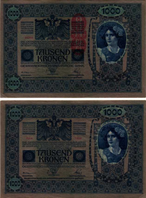 АВСТРИЯ 1000 КРОН 1919 КРАСНАЯ ВЕРТИКАЛЬНАЯ НАДПЕЧАТКА НА 1902 Pick 59 бумага аUNC 8607-5-1