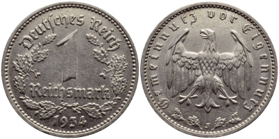 ГЕРМАНИЯ 1 РЕЙХСМАРКА 1934 J КМ 78 J.354 никель 57-116