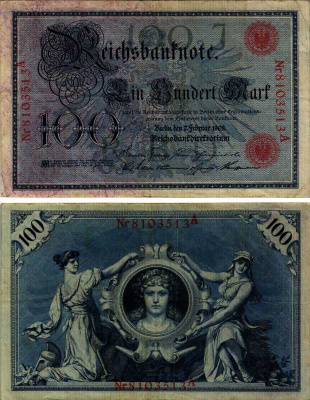 ГЕРМАНИЯ 100 МАРОК 1908 7 ФЕВРАЛЯ 1908, КРАСНАЯ ПЕЧАТЬ, ДЛИННА НОМЕРА СЕРИИ 29 ММ. Pick 33а бумага 6318-17-2-2