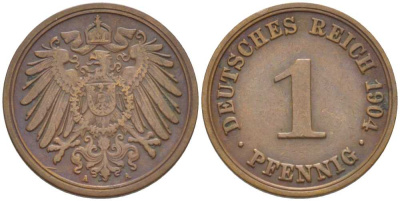 ГЕРМАНИЯ 1 ПФЕННИГ 1904 A KM 10, J. 10, Weege 2 медь 211-323