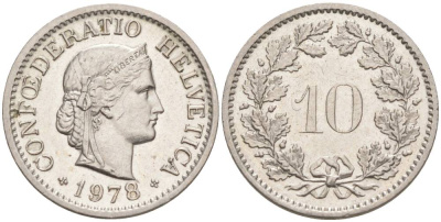 Швейцария 10 раппенов 1978 KM 27 медно-никель 55-513
