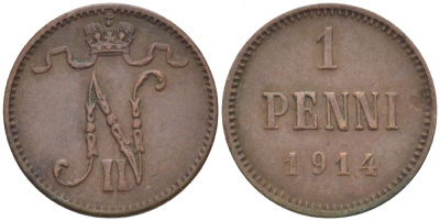 Россия для Финляндии 1 пенни 1914 Николай II (1894-1917) KM 13, Биткин 474 медь 4396-1413