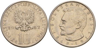 Польша 10 злотых 1982 MW, Болеслав Прус KM 73 медно-никель    4161-1133