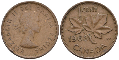 Канада 1 цент 1963 Елизавета II (1952-2022), кленовый лист KM 49 бронза 4609-123