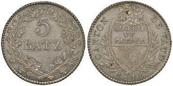 Швейцария, Во (Ваадт) 5 батценов 1813 KM 13 серебро PROOF 00-806-24