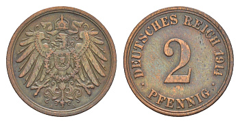 Германия 2 пфеннига 1914 A, Вильгельм II (1888-1918) KM 16, J. 11 медь 4647-854