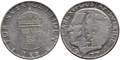 Швеция 1 крона 1977 Карл XVI Густав (1973- ) KM 852 медь плакированная медно-никелем 4397-521