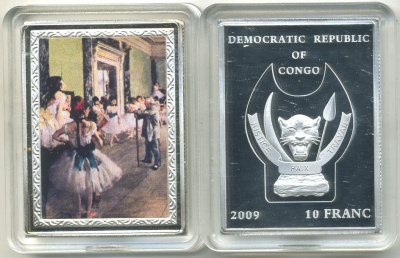 Конго 10 франков 2009 серия шедевры мировой живописи, Эдгар Дега, Танцевальный класс, серебрение, размер 35Х46 мм., цветная эмаль медно-никель PROOF 1066-14-15