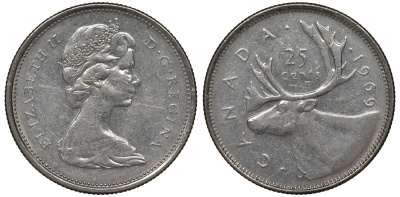 Канада 25 центов 1969 Елизавета II (1952-2022), олень KM 62 b никель 4128-641