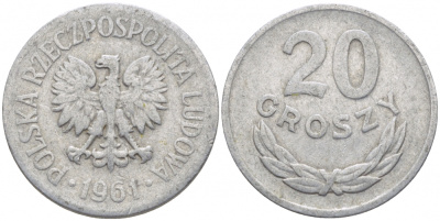 Польша 20 грошей 1961 MW KM А47, Parchimowicz 208b алюминий 4448-235