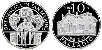 Сан-Марино 10 евро 2008 500 лет Андреа Палладио, в оригинальной коробке, сертификат KM 514 серебро PROOF 2-5-2-10