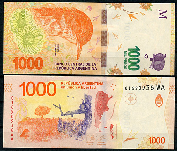 Аргентина 1000 песо ND (2017) настоящий печник и его гнездо, серия WA Pick 366 (4)  бумага  UNC (пресс) 447-70-6-1