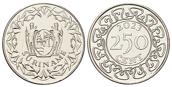 Суринам 250 центов 2023  KM NEW никелированная сталь  UNC 4403-441