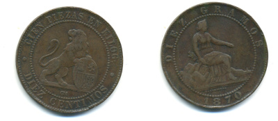 Испания 10 сентимо 1870 ОМ, лев со щитом KM 663 (Y54) медь 176-1135