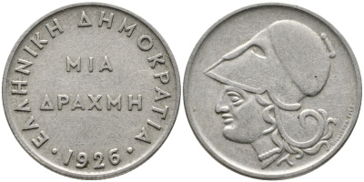 Греция 1 драхма 1926 Афина в шлеме KM 69 медно-никель 28-815