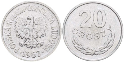 ПОЛЬША 20 ГРОШЕЙ 1967 MW KM А47 алюминий 201-453