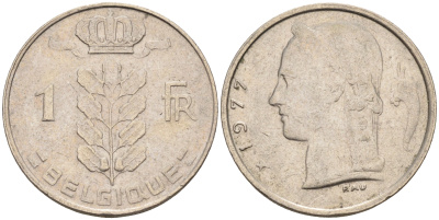 Бельгия 1 франк 1977 Belgique, Бодуэн I (1951-1993) KM 142.1 медно-никель 4589-754