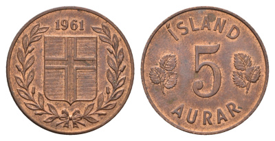 Исландия 5 эйре 1961 KM 9 бронза aUNC 4592-954