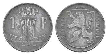 Бельгия 1 франк 1943 Belgie - Belgique, Леопольд III (1934-1951), германская оккупация, Вторая мировая война KM 128 цинк 4173-833