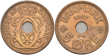ДАНИЯ 5 ЭРЕ 1937 N; GJ, КРИСТИАН X (1912-1947) KM 828.2 бронза 69-534