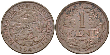 НИДЕРЛАНДЫ 1 ЦЕНТ 1941 ВИЛЬГЕЛЬМИНА I (1891-1948) KM 152 бронза 4532-1128