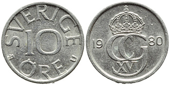 Швеция 10 эре 1980 Карл XVI Густав (1973- ) KM 850 медно-никель 4392-1321