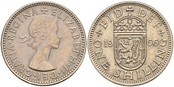 Великобритания 1 шиллинг 1966 Елизавета II (1952-2022), Шотландский герб KM 905, Spink 4148 медно-никель 4153-937