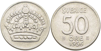 Швеция 50 эре 1956 TS, Густав VI Адольф (1950-1973) KM 825 серебро 119-1053