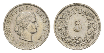 Швейцария 5 раппенов 1970 KM 26 медно-никель 4611-938