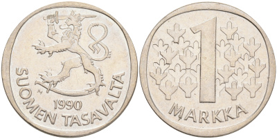 ФИНЛЯНДИЯ 1 МАРКА 1990 M KM 49а медно-никель UNC 4556-835