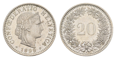 Швейцария 20 раппенов 1999 B KM 29a медно-никель 4623-556