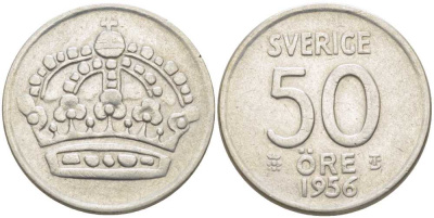 Швеция 50 эре 1956 TS, Густав VI Адольф (1950-1973) KM 825 серебро 119-1053