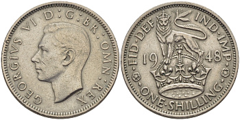 Великобритания 1 шиллинг 1948 Георг VI (1936-1952), Английский герб KM 863, Spink 4105 медно-никель 67-833