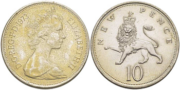 Великобритания 10 пенсов 1973 Елизавета II (1952-2022) KM 912, Spink 4231 (F1) медно-никель 4403-1215