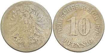 ГЕРМАНИЯ 10 ПФЕННИГОВ 1876 A, СТАРОГЕРБОВКА KM 4, J. 4, Weege 7 медно-никель 261-1224