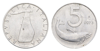 Италия 5 лир 1973 R, плуг, дельфин KM 92 алюминий UNC 4547-1221