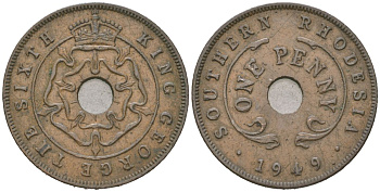 Южная Родезия 1 пенни 1949 Георг VI (1936-1952) KM 25 бронза 4616-115