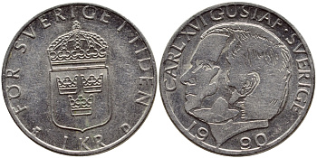 Швеция 1 крона 1990 Карл XVI Густав (1973- ) KM 852a медно-никель 4398-1243