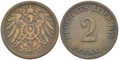 Германия 2 пфеннига 1912 A KM 16, J. 11, Weege 4 медь 4532-536