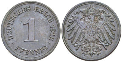 ГЕРМАНИЯ 1 ПФЕННИГ 1912 F KM 10, Jager. 10, Weege 2 медь 4528-866