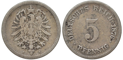 Германия 5 пфеннигов 1876 F, старогербовка KM 3, J. 3 медно-никель 51-3631